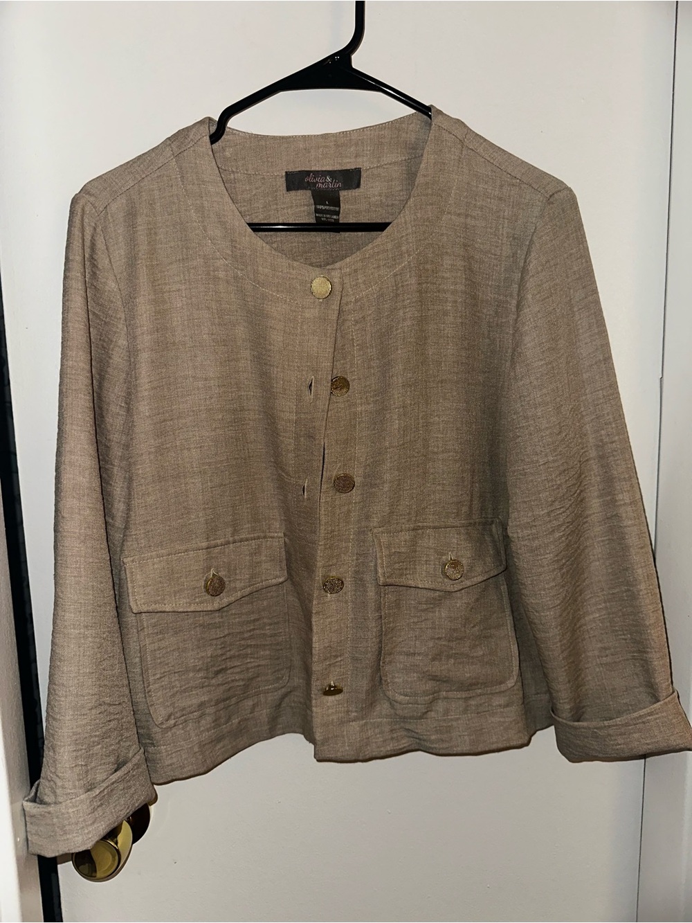 Linen-Look Jacket | Neutral Taupe with Gold Buttons